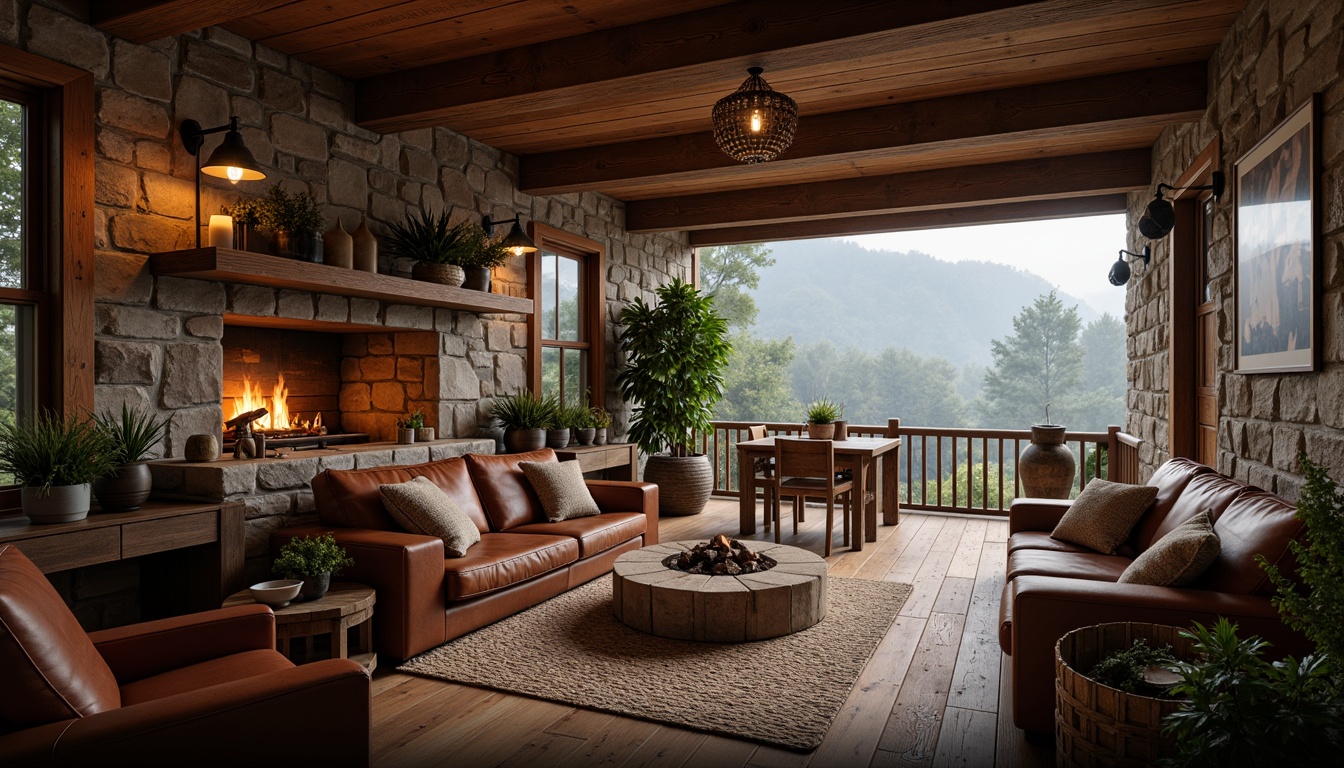 Prompt: Rustic wooden cabin, earthy brown tones, natural stone walls, reclaimed wood accents, vintage metal lanterns, distressed leather furniture, plush woven textiles, warm candle lighting, cozy fire pit, scenic mountain views, misty morning atmosphere, shallow depth of field, 1/1 composition, soft warm glow, realistic wood grain textures.