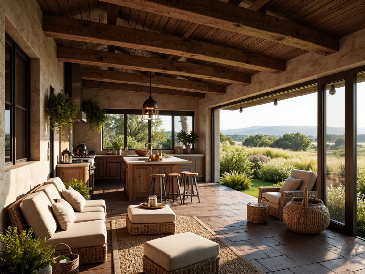 Prompt: Rustic farmhouse, natural stone walls, wooden beams, vintage decor, distressed finishes, earthy color palette, lush greenery, wildflowers, open fields, rolling hills, sunny day, soft warm lighting, shallow depth of field, 3/4 composition, panoramic view, realistic textures, ambient occlusion, spacious interior, high ceilings, large windows, sliding glass doors, cozy nooks, plush furniture, natural fabrics, woven baskets, vintage artifacts, farmhouse sink, wooden countertops, brick floors, country-style kitchen, rustic dining table, comfortable porch, outdoor seating area, lantern lighting.