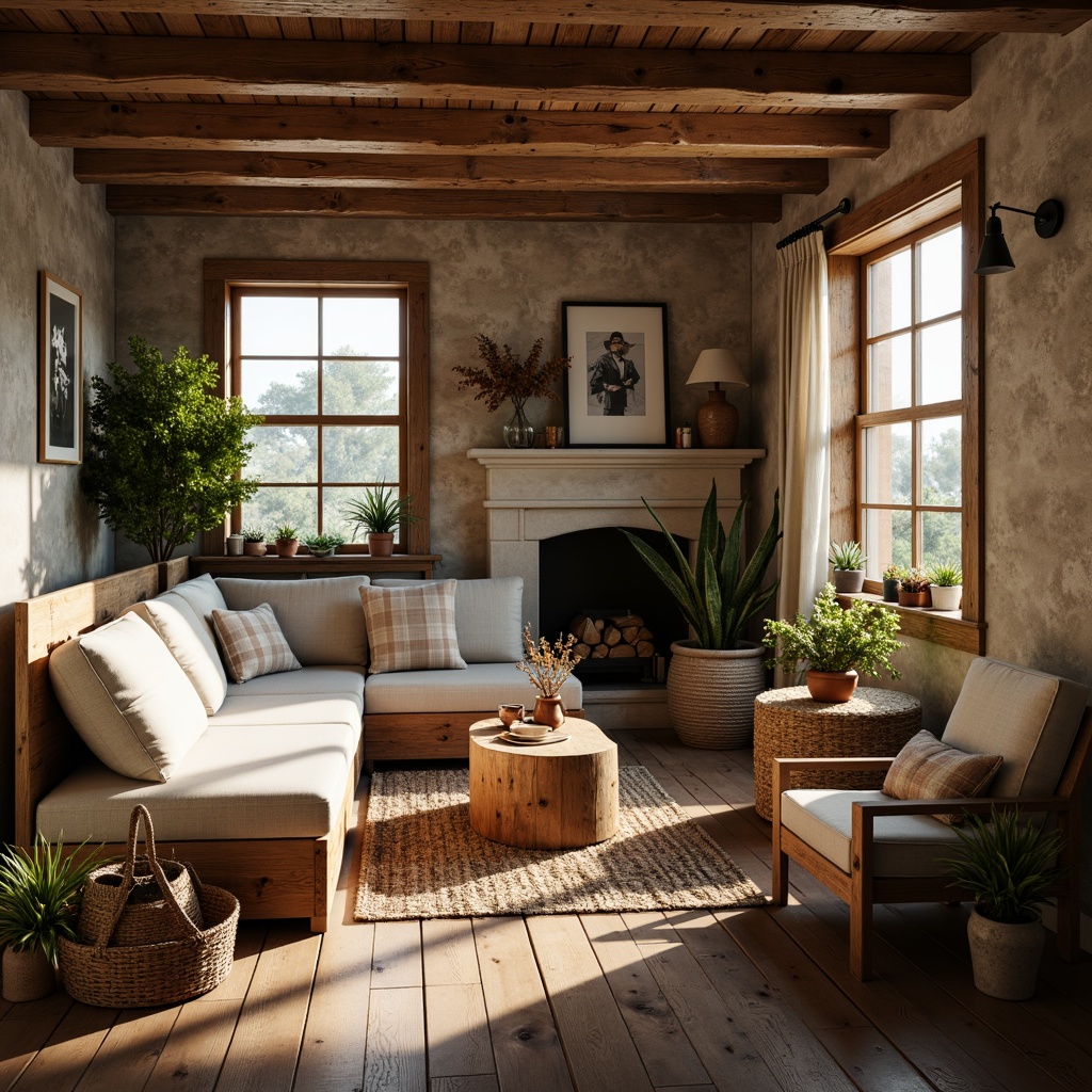 Prompt: Cozy apartment, rustic wooden furniture, distressed finishes, earthy tones, natural textiles, plush cushions, vintage decor, warm lighting, soft shadows, comfortable seating, woven baskets, potted plants, stone walls, wooden flooring, minimalist ornaments, intimate ambiance, relaxed atmosphere, morning sunlight, soft focus, shallow depth of field, 1/2 composition.