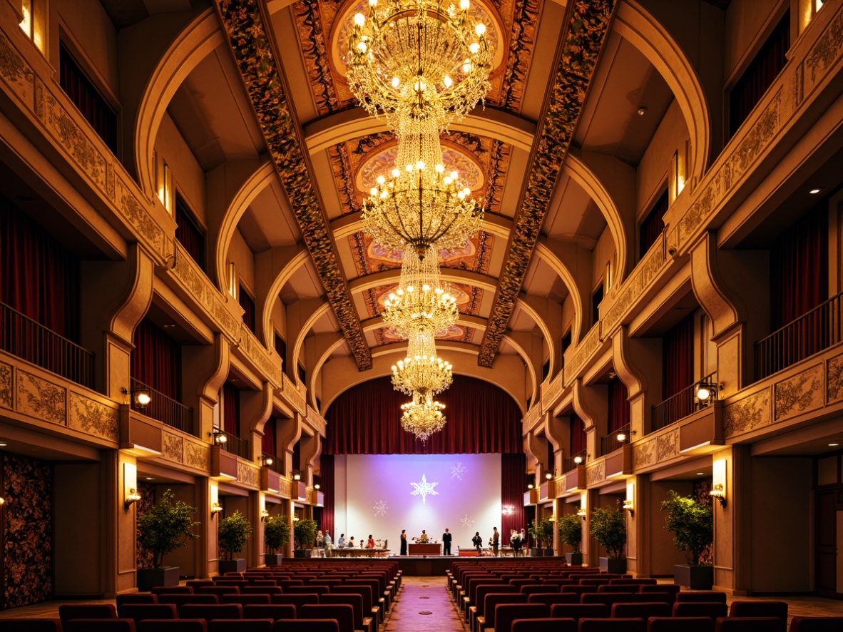 Prompt: Elegant auditorium, ornate chandeliers, intricate metalwork, flowing organic shapes, vibrant stained glass, warm golden lighting, soft diffused illumination, dramatic spotlights, majestic high ceilings, richly patterned textiles, luxurious velvet curtains, polished wooden floors, ornamental plasterwork, curved lines, floral motifs, symmetrical composition, 1/2 camera angle, shallow depth of field, warm color palette.