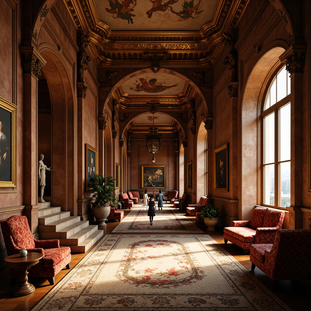 Prompt: Renaissance-style interior, warm golden lighting, rich wood tones, ornate furnishings, velvet drapes, intricate carvings, gilded accents, frescoed ceilings, luxurious fabrics, regal color scheme, earthy reds, deep blues, muted greens, creamy whites, warm beige, soft sienna, rustic terracotta, subtle texture overlays, atmospheric perspective, 1/2 composition, gentle focal blur, realistic material reflections.