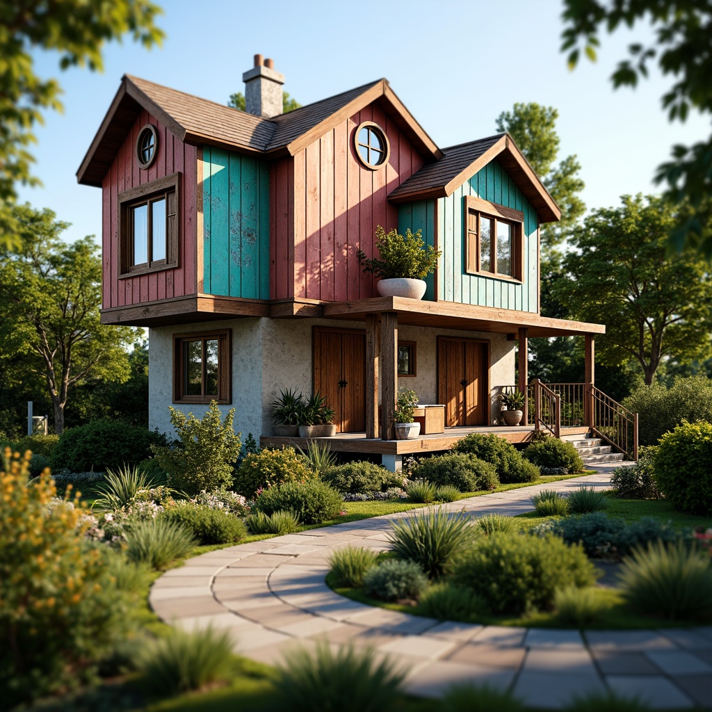 Prompt: Vibrant eclectic house, mix-and-match facade, bold bright colors, whimsical patterns, playful textures, distressed wood accents, vintage decorative elements, ornate metalwork, lush greenery, overgrown gardens, winding stone pathways, warm sunny day, soft natural lighting, shallow depth of field, 1/1 composition, realistic rendering, ambient occlusion.