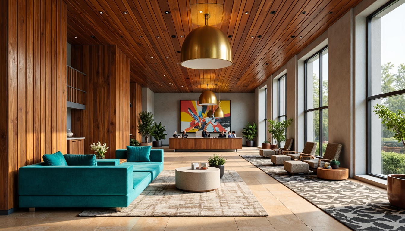 Prompt: Vibrant boutique hotel lobby, rich wood accents, bold turquoise furniture, metallic gold lighting fixtures, plush velvet sofas, abstract modern artwork, geometric patterned rugs, warm beige marble floors, floor-to-ceiling windows, natural daylight, softbox lighting, shallow depth of field, 1/1 composition, realistic textures, ambient occlusion.