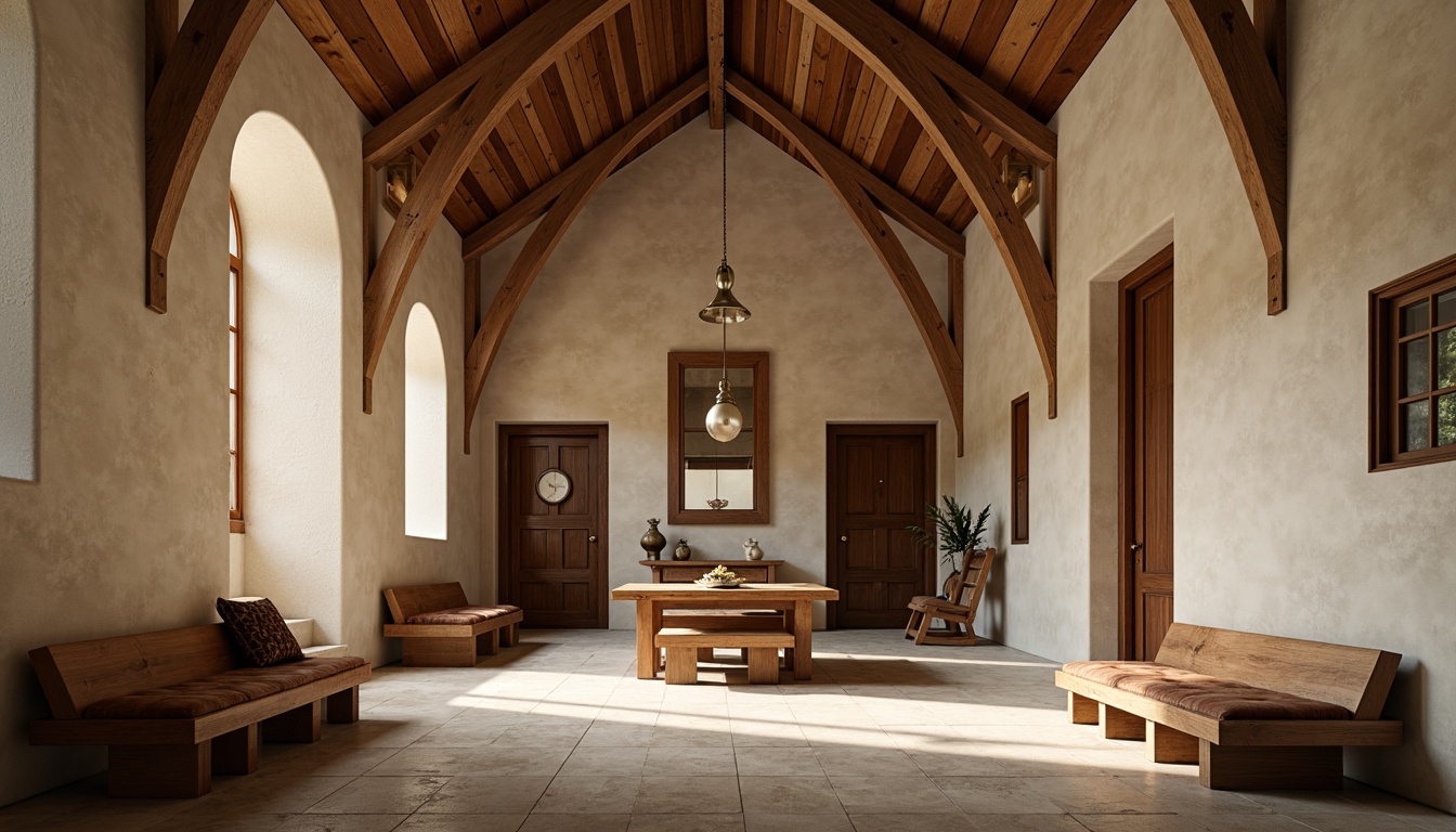 Prompt: Minimalist monastery interior, streamline moderne aesthetic, wooden accents, natural stone flooring, vaulted ceilings, grand archways, rustic wooden benches, simple wooden tables, leather-bound tomes, soft warm lighting, subtle shadows, 1/1 composition, realistic textures, ambient occlusion, calming atmosphere, serene ambiance, gentle color palette, beige and brown hues, distressed wood finishes, ornate metalwork details, luxurious velvet upholstery.