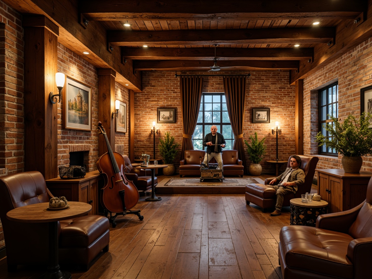 Prompt: Rustic music venue, craftsman style, wooden accents, exposed brick walls, reclaimed wood floors, vintage musical instruments, rich leather upholstery, brass hardware, industrial metal beams, warm candle lighting, cozy atmospheric ambiance, intimate performance space, earthy color palette, natural textiles, woven baskets, handmade ceramic decorations, distressed wooden crates, soft warm glow, shallow depth of field, 3/4 composition, realistic textures, ambient occlusion.