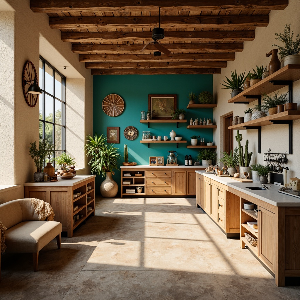 Prompt: Rustic laboratory, earthy tones, wooden accents, natural stone walls, vibrant turquoise hues, Southwestern-inspired patterns, geometric motifs, warm lighting, rich wood cabinetry, modern scientific equipment, sleek metalwork, industrial-style shelving, textured concrete floors, desert botanicals, cacti, succulents, warm beige countertops, sandy-hued furniture, 3/4 composition, shallow depth of field, realistic textures, ambient occlusion.