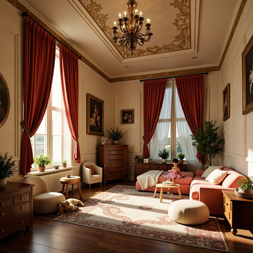 Prompt: Whimsical kids' room, Renaissance-inspired decor, warm golden lighting, ornate chandeliers, soft velvet drapes, rich wood furnishings, classic paintings, intricate carvings, elegant archways, vintage lanterns, cozy reading nooks, plush area rugs, cream-colored walls, decorative ceiling medallions, subtle shadowing, 1/1 composition, realistic textures, ambient occlusion.