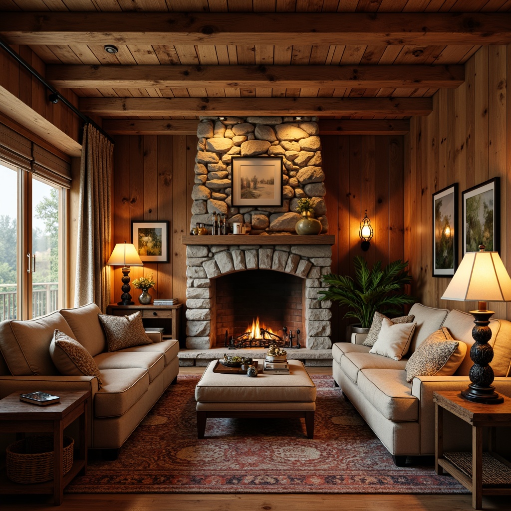 Prompt: Cozy living room, warm wood tones, natural stone fireplace, rustic wooden beams, earthy color palette, vintage decorative lighting fixtures, soft warm glow, table lamps with linen shades, floor lamps with turned wood legs, pendant lights with metalwork details, rich textures, woven baskets, plush throw blankets, comfortable seating areas, traditional craftsmanship, ornate furniture pieces, warm ambient lighting, shallow depth of field, 1/2 composition, realistic renderings.