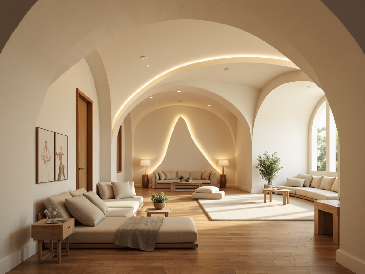 Prompt: Sleek monastery interior, minimalist decor, cream-colored walls, polished wooden floors, modern streamline furniture, curved lines, geometric patterns, ambient warm lighting, LED strip lights, recessed ceiling fixtures, pendant lamps, natural linen fabrics, subtle color palette, calming atmosphere, soft shadows, 1/1 composition, symmetrical framing, gentle highlights, realistic textures, subtle reflections.