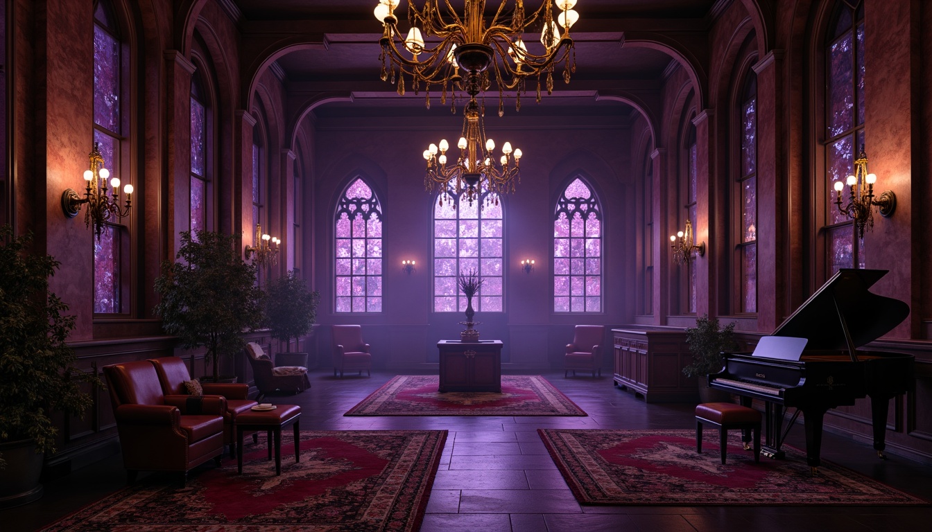 Prompt: Dark wooden floors, intricate stone inlays, richly textured rugs, dramatic high ceilings, ornate chandeliers, mysterious ambiance, fog machines, purple and red accent lighting, grand pianos, lavish velvet drapes, mystical stained glass windows, medieval-inspired furnishings, eerie sound effects, dimly lit corridors, hauntingly beautiful scenery, 1/1 composition, low-key warm lighting, shallow depth of field, cinematic atmosphere.