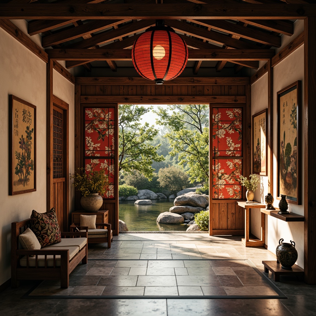 Prompt: Traditional cultural center, intricately carved wooden doors, vibrant silk fabrics, ornate lanterns, delicate porcelain vases, classic Chinese calligraphy, antique bronze artifacts, elegant watercolor paintings, refined tea ceremony settings, serene natural gardens, tranquil koi ponds, soft warm lighting, shallow depth of field, 1/2 composition, realistic textures, ambient occlusion.