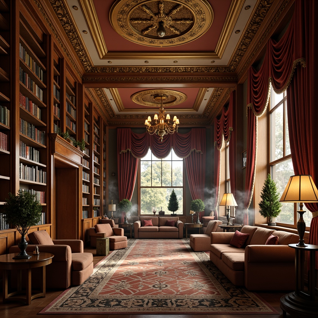 Prompt: Richly ornamented library, Art Deco style, grand reading room, high ceilings, intricate moldings, luxurious chandeliers, ornate wooden paneling, velvet drapes, elegant furniture, curved sofas, tufted armchairs, geometric patterned rugs, bronze statues, vintage bookshelves, leather-bound books, warm golden lighting, soft focus, 1/2 composition, atmospheric mist, realistic textures, subtle ambient occlusion.