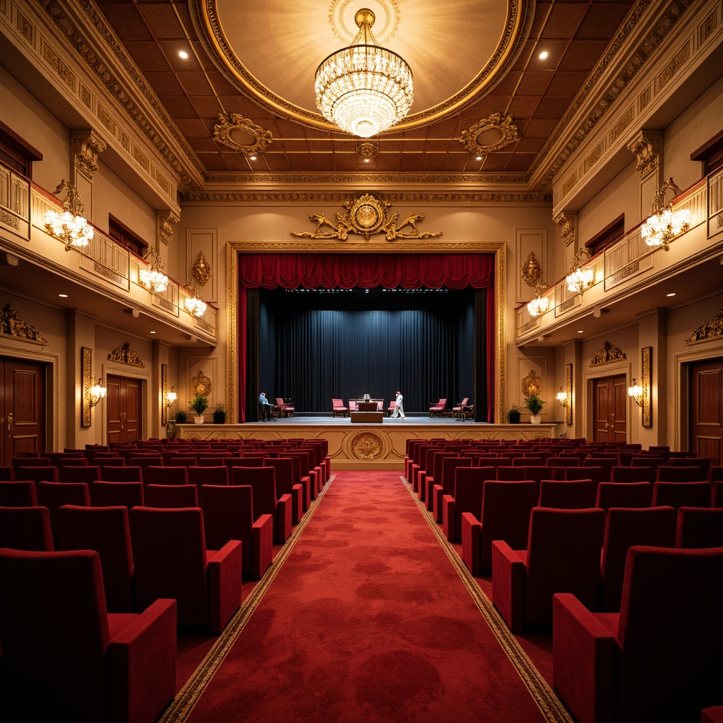 Prompt: Grand auditorium, traditional ornate details, luxurious velvet seats, curved rows, central aisle, raised stage, majestic chandeliers, intricate moldings, rich wood tones, red carpeting, gold accents, dramatic curtains, soft warm lighting, shallow depth of field, 1/1 composition, symmetrical balance, realistic textures, ambient occlusion.