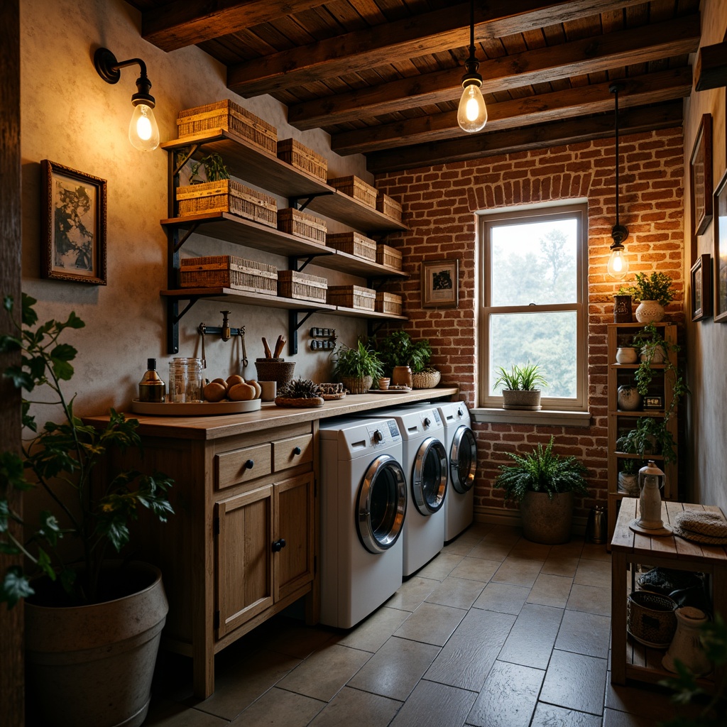 Prompt: Vintage laundry room, eclectic decor, distressed wooden shelves, woven baskets, ornate metal fixtures, Edison bulb lighting, industrial pendant lamps, rustic exposed brick walls, reclaimed wood accents, soft warm glow, cozy intimate atmosphere, 1/1 composition, shallow depth of field, realistic textures, ambient occlusion.