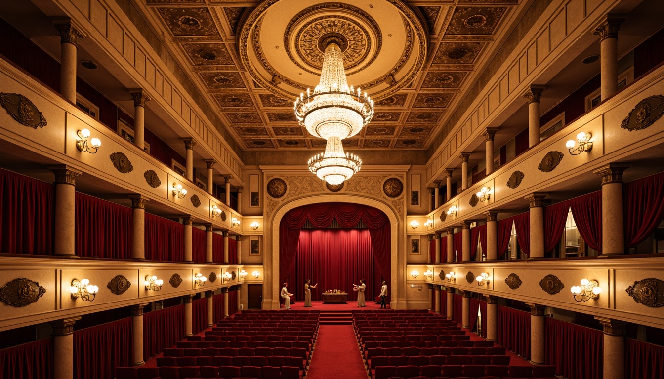 Prompt: Ornate auditorium, traditional style chandeliers, grand crystal fixtures, warm golden lighting, rich wood accents, velvet drapes, red carpet, ornamental metalwork, intricate plaster ceiling, classical columns, symmetrical composition, softbox lighting, warm color temperature, high ceilings, majestic atmosphere, detailed moldings, luxurious textiles, antique bronze fittings.