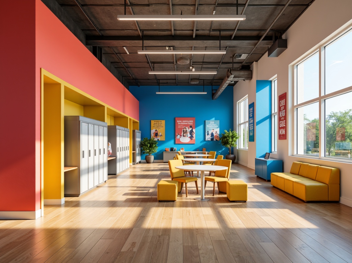 Prompt: Vibrant high school interior, bold color scheme, bright coral walls, electric blue accents, sunny yellow furniture, polished wooden floors, modern minimalist decor, educational posters, inspirational quotes, sleek metal lockers, collaborative workspaces, comfortable seating areas, natural light pouring in, large windows, soft warm lighting, 3/4 composition, realistic textures, ambient occlusion.