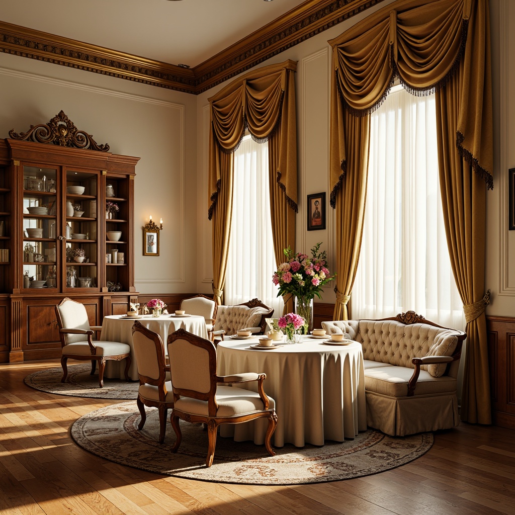 Prompt: Elegant breakfast nook, ornate Rococo-style furnishings, rich wood tones, soft cream-colored walls, intricate carvings, gilded accents, luxurious velvet drapes, warm golden lighting, polished hardwood flooring, inlaid marble patterns, soft area rugs, tufted upholstery, delicate china cabinets, ornamental mirrors, lavish floral arrangements, morning sunlight, shallow depth of field, 1/1 composition, realistic textures, ambient occlusion.