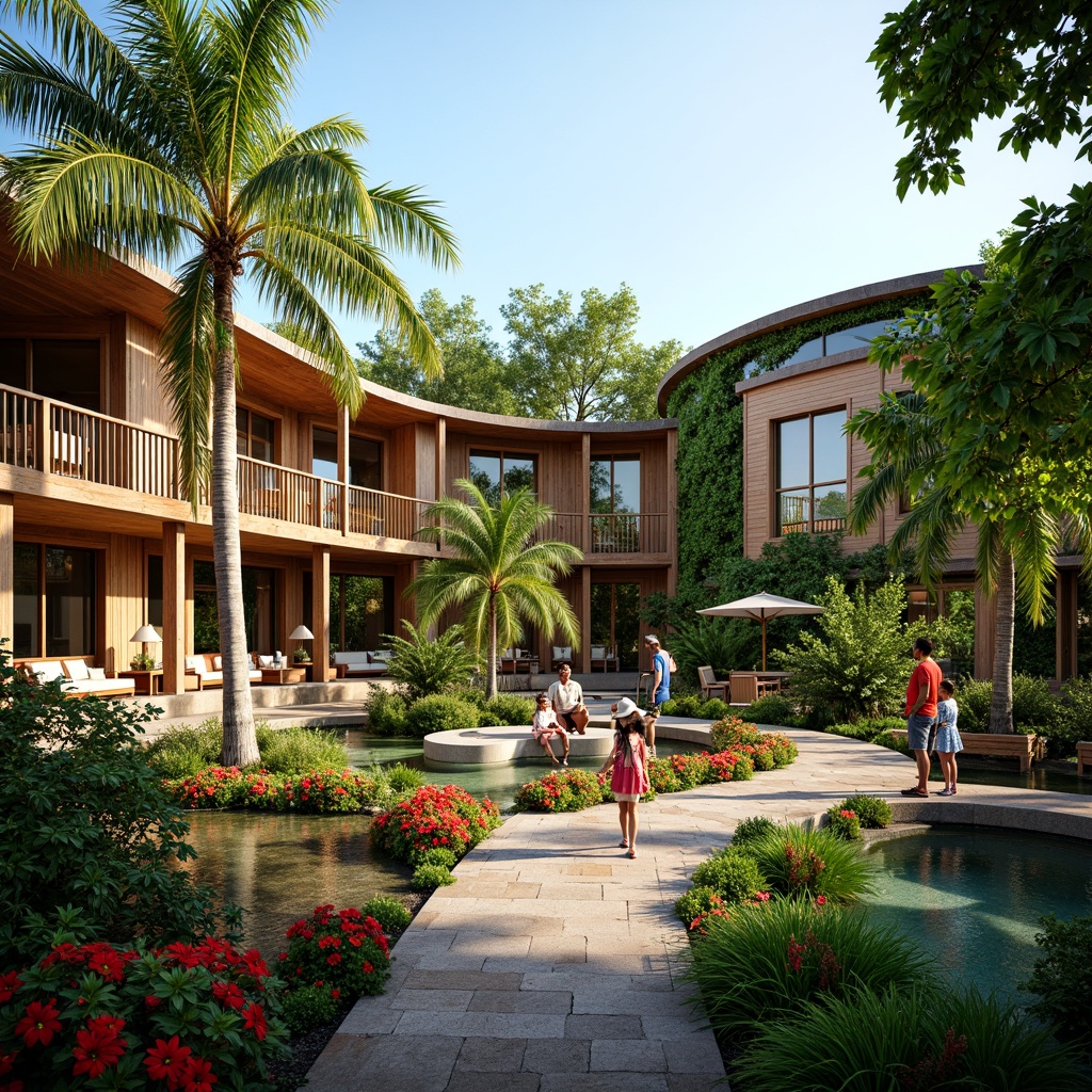 Prompt: Vibrant tropical gardens, exotic palm trees, colorful hibiscus flowers, natural stone pathways, wooden bridges, water features, modern performing arts center, curved lines, large windows, glass roofs, open-air amphitheaters, stage lighting, comfortable seating areas, lush green walls, rattan furniture, woven textiles, Polynesian-inspired patterns, warm sunny day, soft diffused lighting, shallow depth of field, 3/4 composition, panoramic view, realistic textures, ambient occlusion.