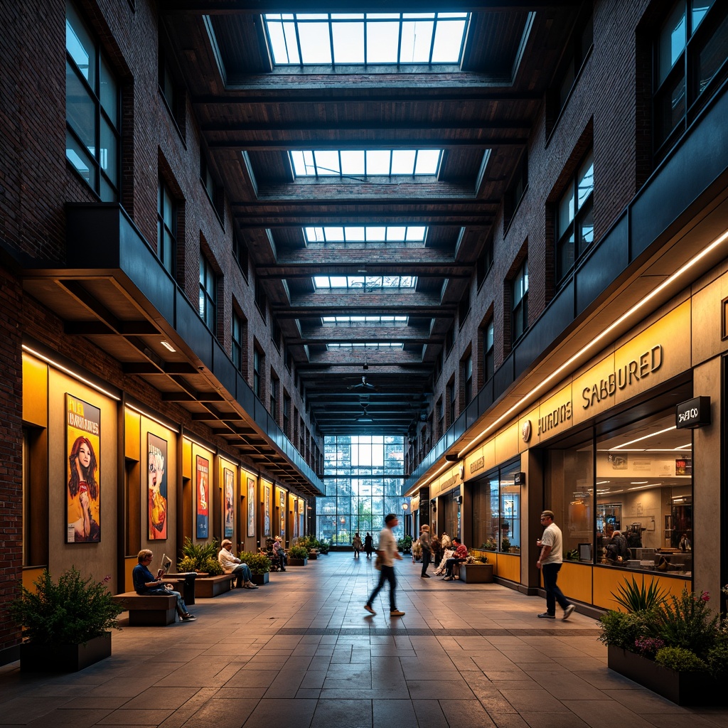 Prompt: Vibrant train station, industrial architecture, exposed brick walls, metal beams, rustic wooden accents, urban cityscape, bustling atmosphere, natural stone floors, stainless steel fixtures, LED lighting, modern minimalist design, bold primary colors, bright yellow, deep blue, fiery red, sleek silver, subtle gradient effects, dramatic shadows, high-contrast lighting, dynamic composition, cinematic angles, realistic reflections, ambient occlusion.