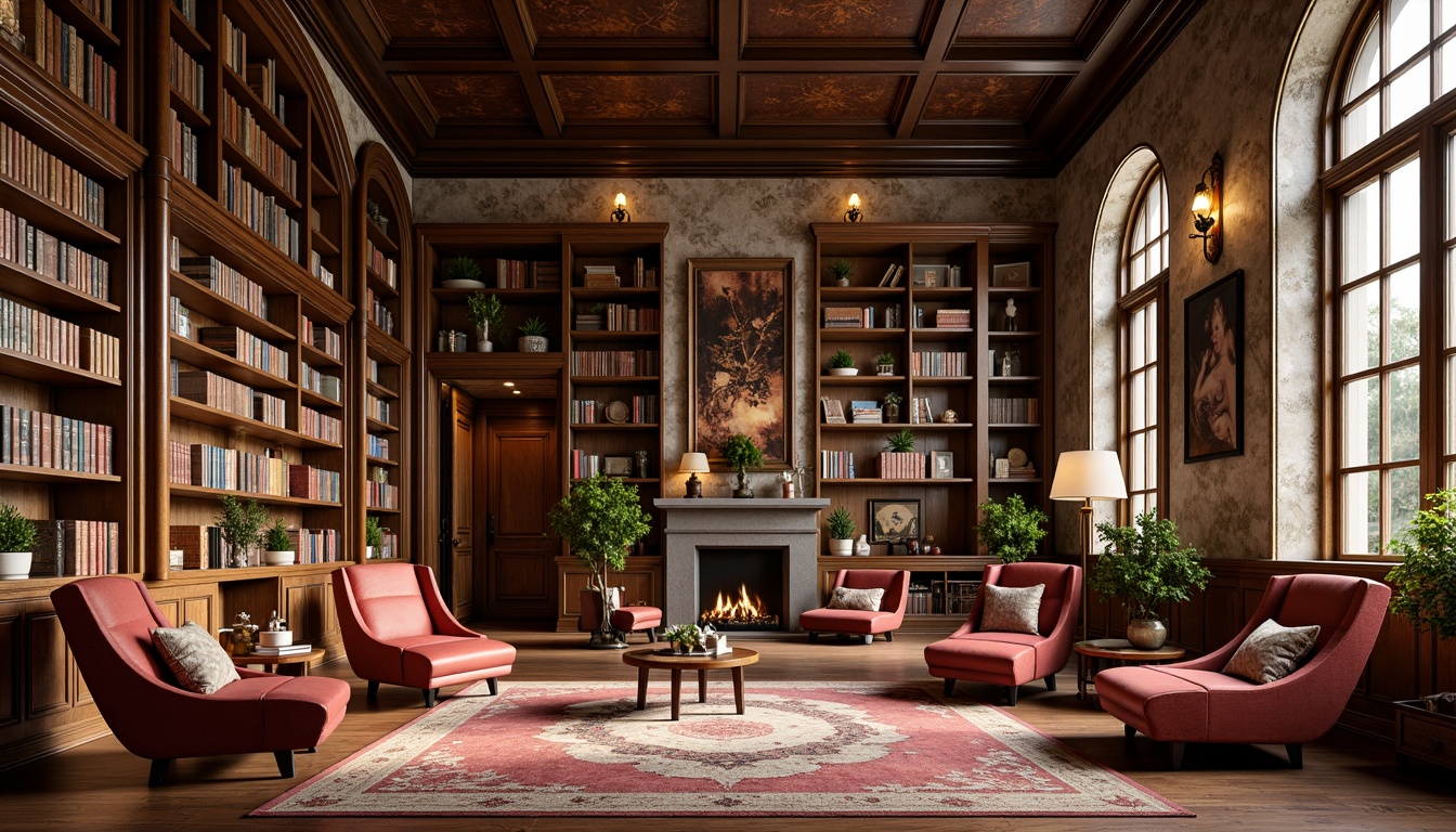 Prompt: Rich wooden bookshelves, vintage leather-bound books, warm golden lighting, cozy reading nooks, plush armchairs, intricate moldings, elegant archways, sophisticated color schemes, textured wallpaper, bold patterned rugs, statement furniture pieces, eclectic decorative accessories, dramatic floor lamps, rustic stone walls, industrial metal beams, modern minimalist aesthetics, 1/2 composition, soft focus effect, warm afternoon light.