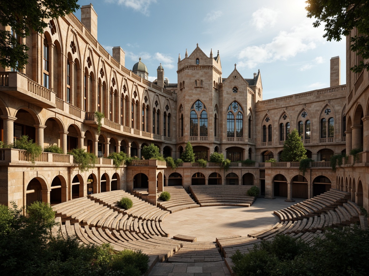 Prompt: Rustic amphitheater, grandiose Gothic architecture, intricately carved stone facades, pointed arches, ribbed vaults, flying buttresses, stained glass windows, dramatic verticality, ornate balconies, imposing towers, majestic grandstands, natural stone seating, lush greenery surroundings, warm golden lighting, high contrast shadows, 1/1 composition, symmetrical framing, realistic textures, ambient occlusion.