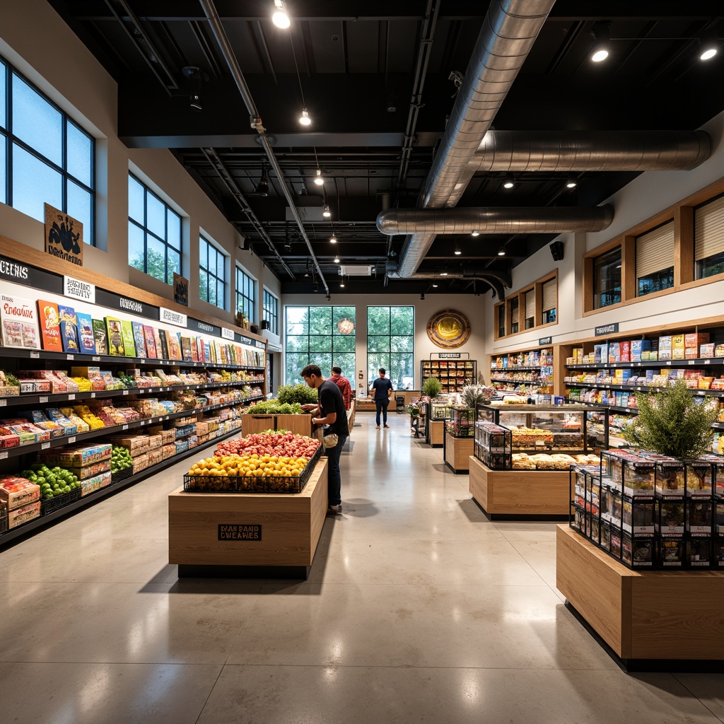 Prompt: Well-organized grocery store interior, modern shelving units, abundant natural light, polished concrete floors, neutral color scheme, ample checkout counters, electronic display screens, promotional signage, shopping carts and baskets, fresh produce stands, dairy and bakery sections, meat and seafood departments, international food aisles, impulse buy displays, comfortable employee uniforms, soft background music, warm atmospheric lighting, 1/2 composition, shallow depth of field, realistic textures.