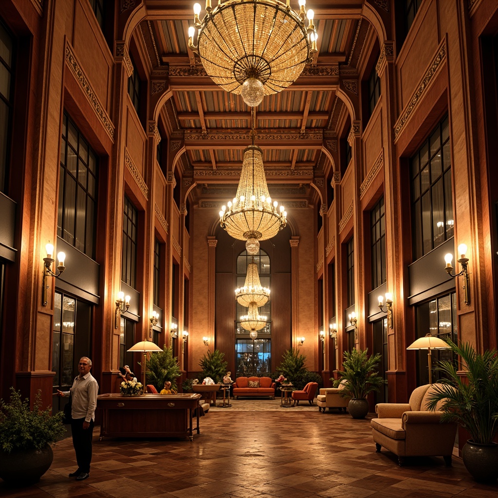 Prompt: Dramatic vaulted ceiling, grand interior space, ornate chandeliers, warm golden lighting, luxurious textiles, rich wood paneling, opulent furnishings, stately columns, arched windows, high-end decor, sophisticated color palette, subtle ambient occlusion, 1/1 composition, soft focus effect, atmospheric perspective.