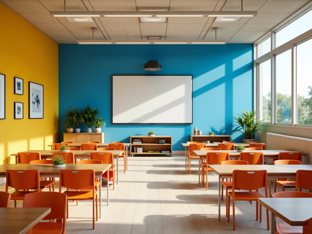 Prompt: Vibrant classroom, harmonious color palette, stimulating yellow accents, soothing blue walls, energizing orange furniture, natural wood tones, modern minimalist decor, ample daylight, softbox lighting, shallow depth of field, 3/4 composition, panoramic view, realistic textures, ambient occlusion.