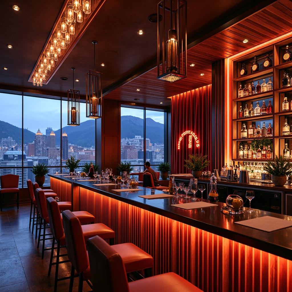 Prompt: Luxurious bar atmosphere, rich wood tones, sleek metal accents, velvet drapes, crystal chandeliers, neon lights, vibrant color scheme, geometric patterns, minimalist decor, high-gloss finishes, mirrored surfaces, LED lighting, urban cityscape views, evening ambiance, shallow depth of field, 1/1 composition, realistic reflections, ambient occlusion.