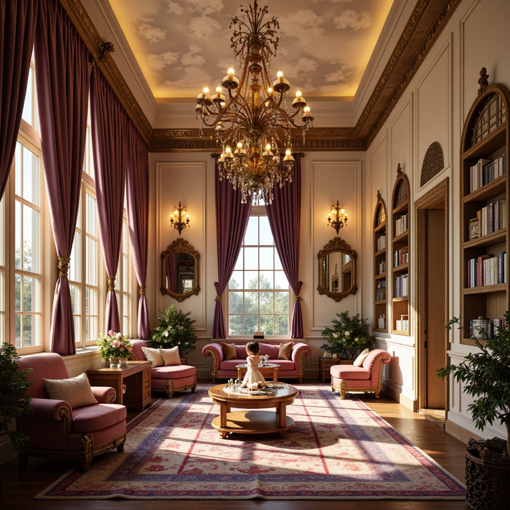 Prompt: Renaissance-inspired kids' room, ornate chandeliers, warm golden lighting, soft cream-colored walls, rich wood furniture, velvet drapes, intricate carvings, ornamental mirrors, luxurious fabrics, regal purple accents, stately columns, elegant archways, grandiose candelabras, lavish crystal fixtures, whimsical fairy lights, cozy reading nooks, mystical moon-shaped decorations, vibrant colorful rugs, fantastical cloud-patterned ceilings, 3/4 composition, warm soft focus, shallow depth of field.