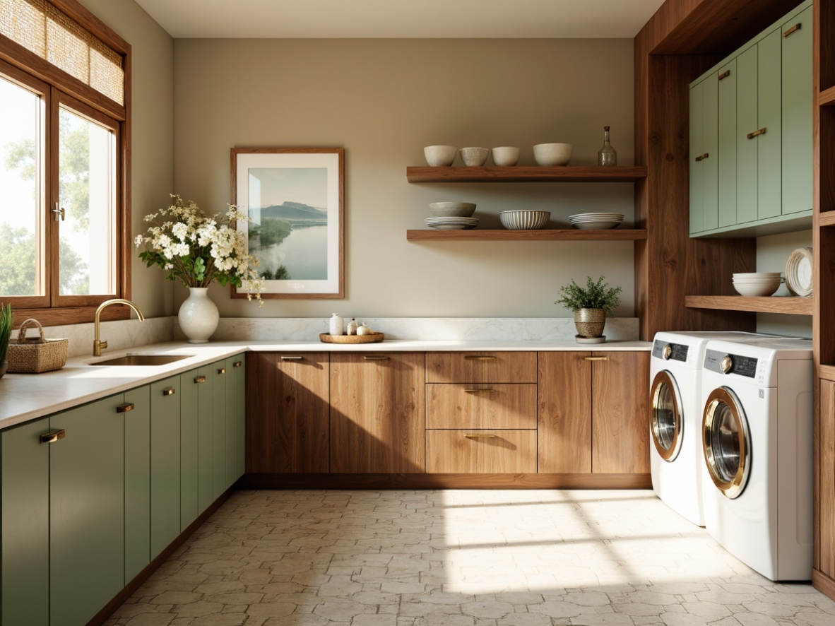 Prompt: Mid-century modern laundry room, retro-style washing machines, vintage-inspired dryers, warm beige walls, soft sage green cabinets, rich walnut wood accents, creamy white countertops, hexagonal tile floors, brass hardware, rounded edges, organic shapes, natural light, softbox lighting, 1/1 composition, minimalist decor, subtle textures, ambient occlusion.Please let me know if this meets your requirements!