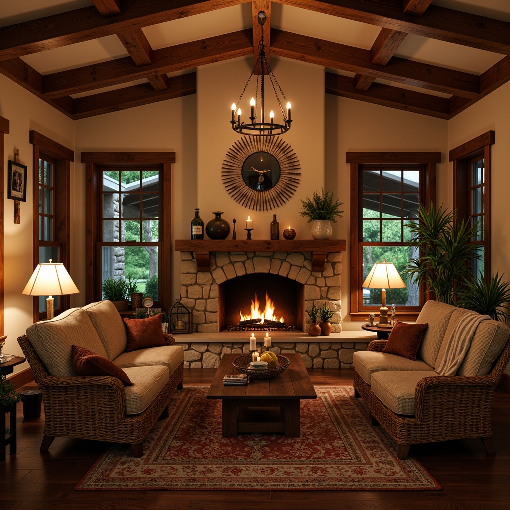 Prompt: Cozy craftsman interior, warm candlelight, soft table lamps, rustic metal chandeliers, exposed wooden beams, earthy tone color palette, natural stone fireplaces, comfortable reading nooks, woven wicker furniture, plush throw blankets, warm beige walls, vintage metal lanterns, industrial-style pendant lights, rich wood tones, inviting ambiance, dramatic shadows, high contrast ratio, 1/2 composition, shallow depth of field, warm golden lighting.