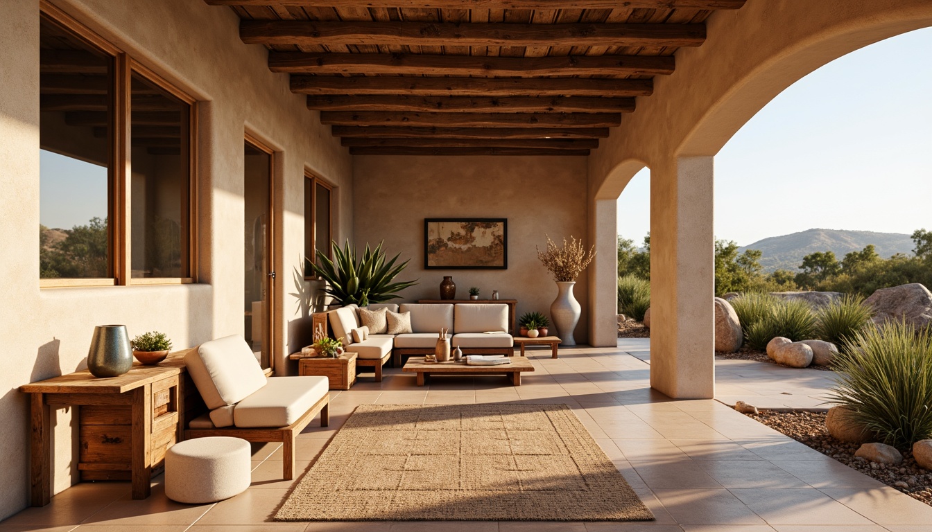 Prompt: Southwestern adobe-style villa, rustic earthy tones, natural stone floors, handmade terracotta tiles, Saltillo tile patterns, distressed wood planks, woven jute rugs, warm beige walls, desert landscape views, cacti plants, bright sunny day, soft warm lighting, shallow depth of field, 3/4 composition, panoramic view, realistic textures, ambient occlusion.