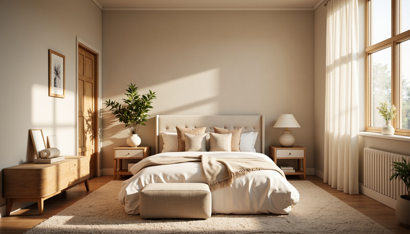 Prompt: Cozy bedroom, soft pastel hues, calming atmosphere, plush carpeting, comfortable bedding, warm beige walls, rich wood accents, minimalist decor, serene ambiance, natural light pouring in, sheer curtains, gentle morning sunshine, peaceful retreat, soothing color scheme, monochromatic tones, subtle texture contrasts, elegant furniture pieces, luxurious fabrics, intimate setting, warm golden lighting, shallow depth of field, 1/1 composition.