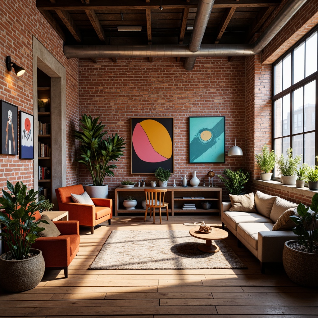 Prompt: Vibrant art studio, exposed brick walls, wooden floorboards, eclectic furniture, bold color accents, abstract artwork, statement lighting fixtures, industrial metal beams, high ceilings, urban loft atmosphere, natural light pouring in, warm and cozy ambiance, soft box lighting, 3/4 composition, shallow depth of field, realistic textures, ambient occlusion.