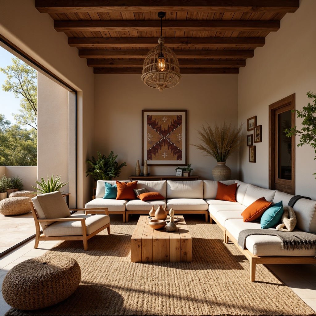 Prompt: Southwestern-style living room, plush sectional sofa, woven jute rug, natural wood coffee table, turquoise accents, patterned throw pillows, vintage Navajo blankets, earthy terracotta vases, rustic wooden ceiling beams, warm beige walls, soft candlelight, cozy reading nook, comfortable oversized armchair, desert-inspired artwork, geometric-patterned ottoman, rattan woven furniture, warm-toned wooden side tables, lush greenery, cacti plants, sunny day, warm natural lighting, shallow depth of field, 3/4 composition.