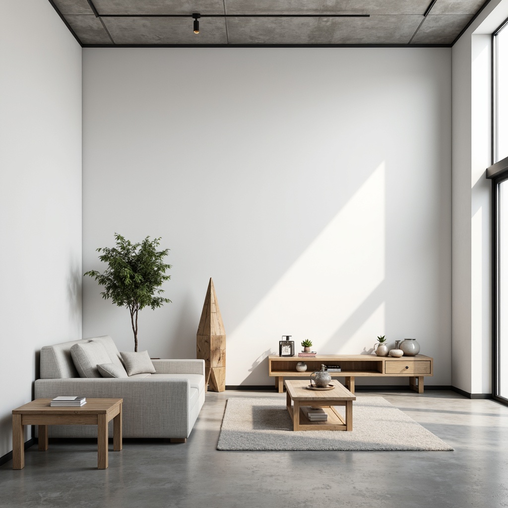 Prompt: Matte white walls, polished concrete floors, sleek metal accents, minimalist decorative objects, sparse greenery, industrial-style lighting fixtures, raw wood furniture, monochromatic color scheme, subtle texture variations, calm ambiance, soft natural light, shallow depth of field, 1/1 composition, realistic renderings, ambient occlusion.