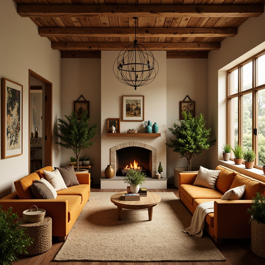 Prompt: Cozy living room, warm beige walls, rich walnut wood furniture, plush velvet sofas, soft golden lighting, natural fiber rugs, earthy terracotta pots, lush greenery, warm cream accents, crackling fireplace, comfortable reading nooks, inviting aromas, rustic wooden decor, vibrant turquoise vases, woven wicker baskets, soft focus blur, 1/2 composition, intimate atmosphere.