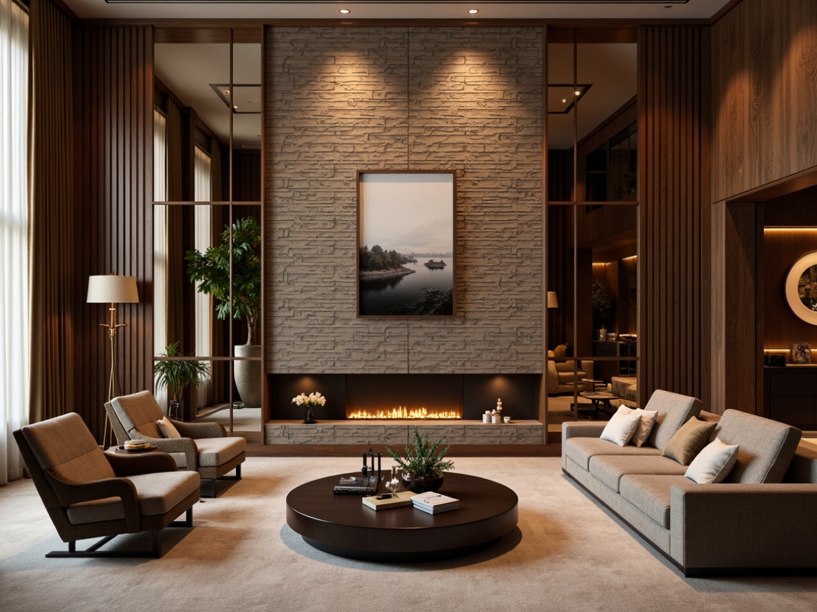 Prompt: Luxurious living room, rich wood paneling, metallic accents, textured stone walls, soft warm lighting, floor-to-ceiling drapes, plush velvet furniture, ornate mirrors, statement artwork, 3D geometric patterns, modern minimalist decor, sleek chrome hardware, subtle color palette, ambient shadows, shallow depth of field, realistic textures.