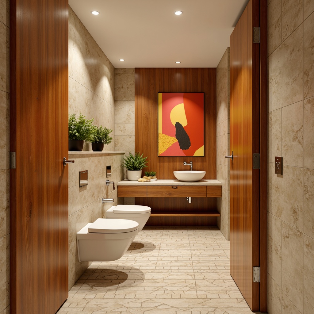 Prompt: Mid-century modern powder room, warm beige walls, sleek wood panels, natural stone flooring, geometric patterned tiles, bold colorful accents, minimalist decor, retro-inspired fixtures, polished chrome hardware, soft ambient lighting, shallow depth of field, 1/1 composition, realistic textures, subtle reflections.