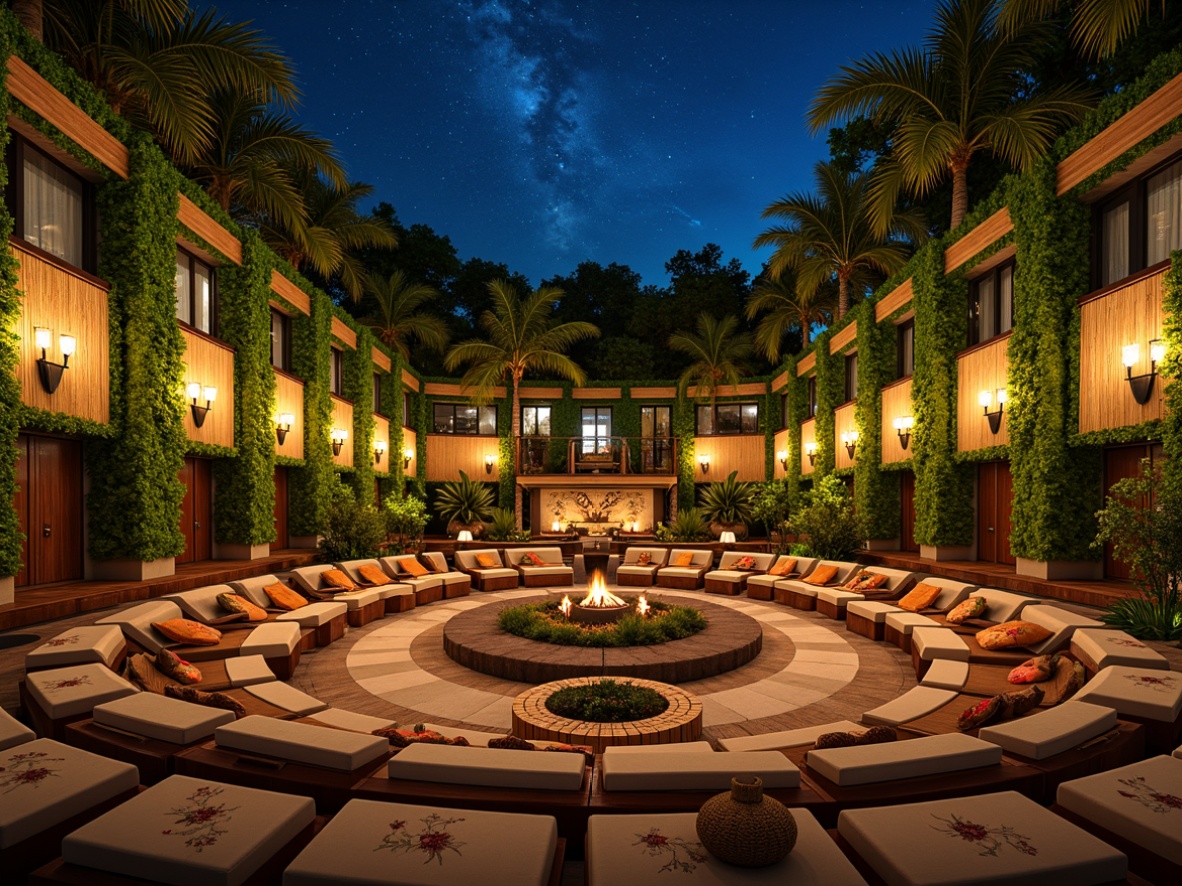 Prompt: Vibrant tropical theater, lush green walls, exotic palm trees, colorful tiki torches, woven bamboo seats, plush cushions, natural rattan furniture, curved rows, staggered seating, amphitheater-style arrangement, open-air design, starry night sky, soft warm lighting, misting system, ocean breeze, salty air, driftwood accents, nautical ropes, tropical flower patterns, warm beige fabrics, ambient occlusion.