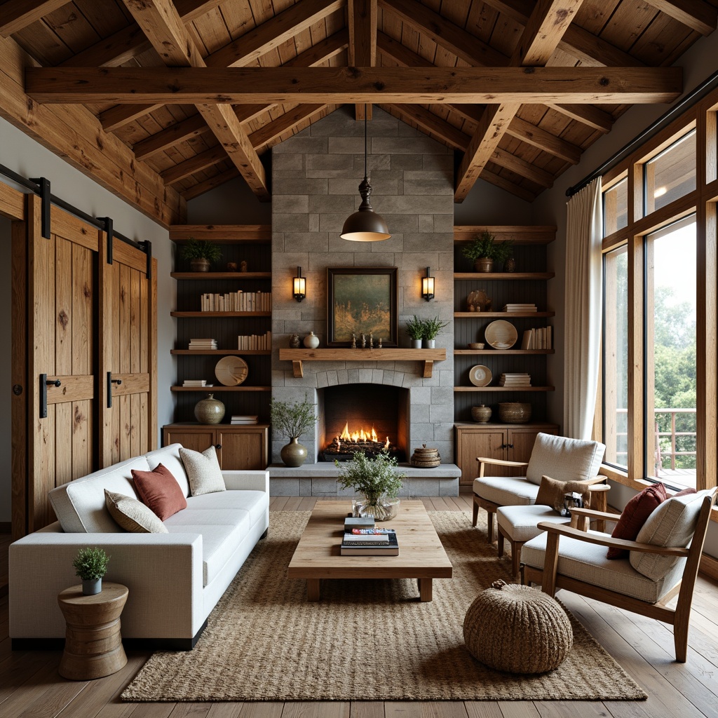 Prompt: Farmhouse interior, rustic wood accents, reclaimed barn doors, distressed finishes, vintage metalware, natural stone fireplaces, earthy color palette, woven textiles, plush furnishings, cozy reading nooks, soft warm lighting, shallow depth of field, 3/4 composition, panoramic view, realistic textures, ambient occlusion.