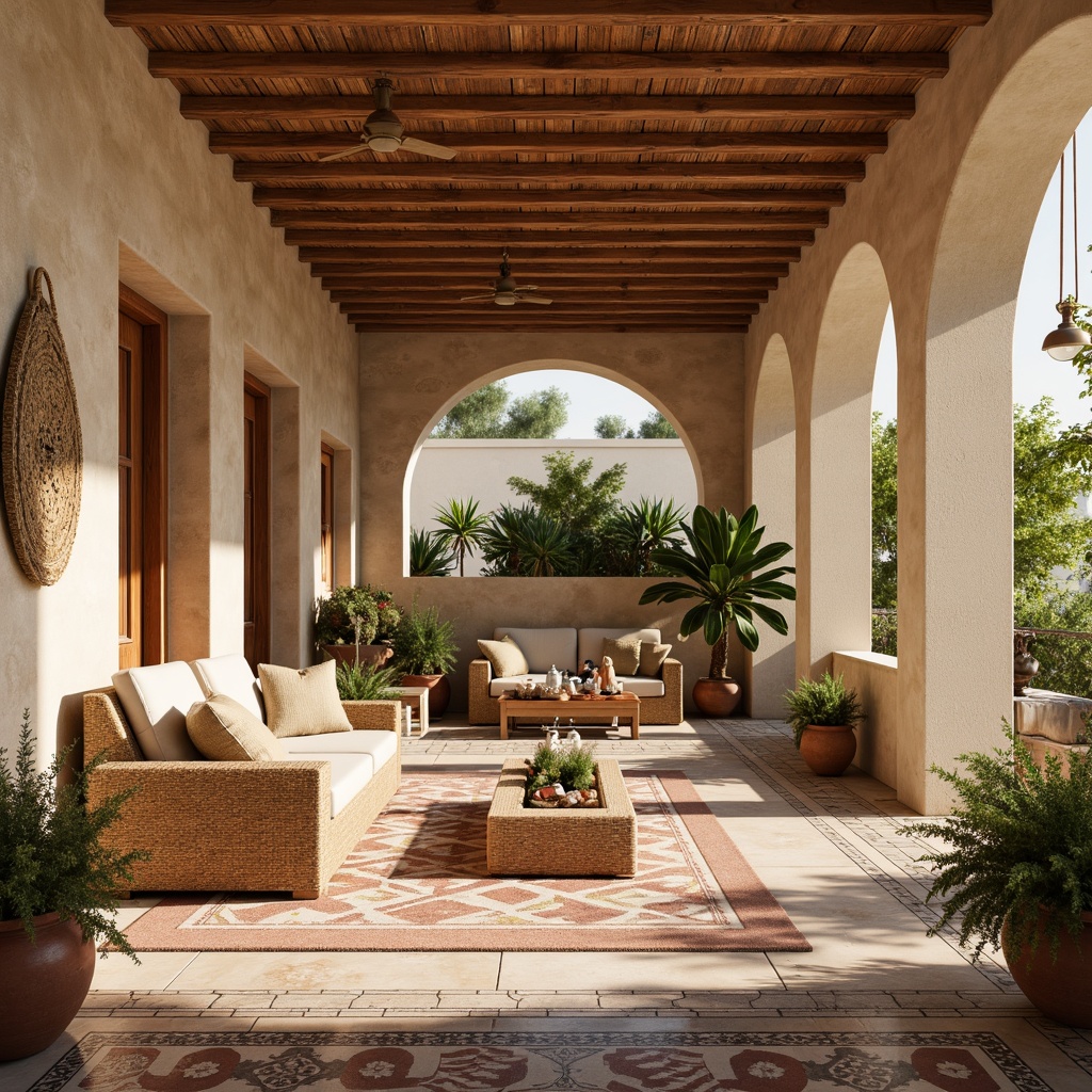 Prompt: Warm beige stucco walls, rustic stone textures, distressed wooden accents, soft creamy plaster finishes, ornate ceramic tiles, colorful Moroccan-inspired geometric patterns, natural fiber rugs, woven wicker furniture, earthy terracotta pots, lush greenery, warm sunny light, shallow depth of field, 1/1 composition, realistic textures, ambient occlusion.