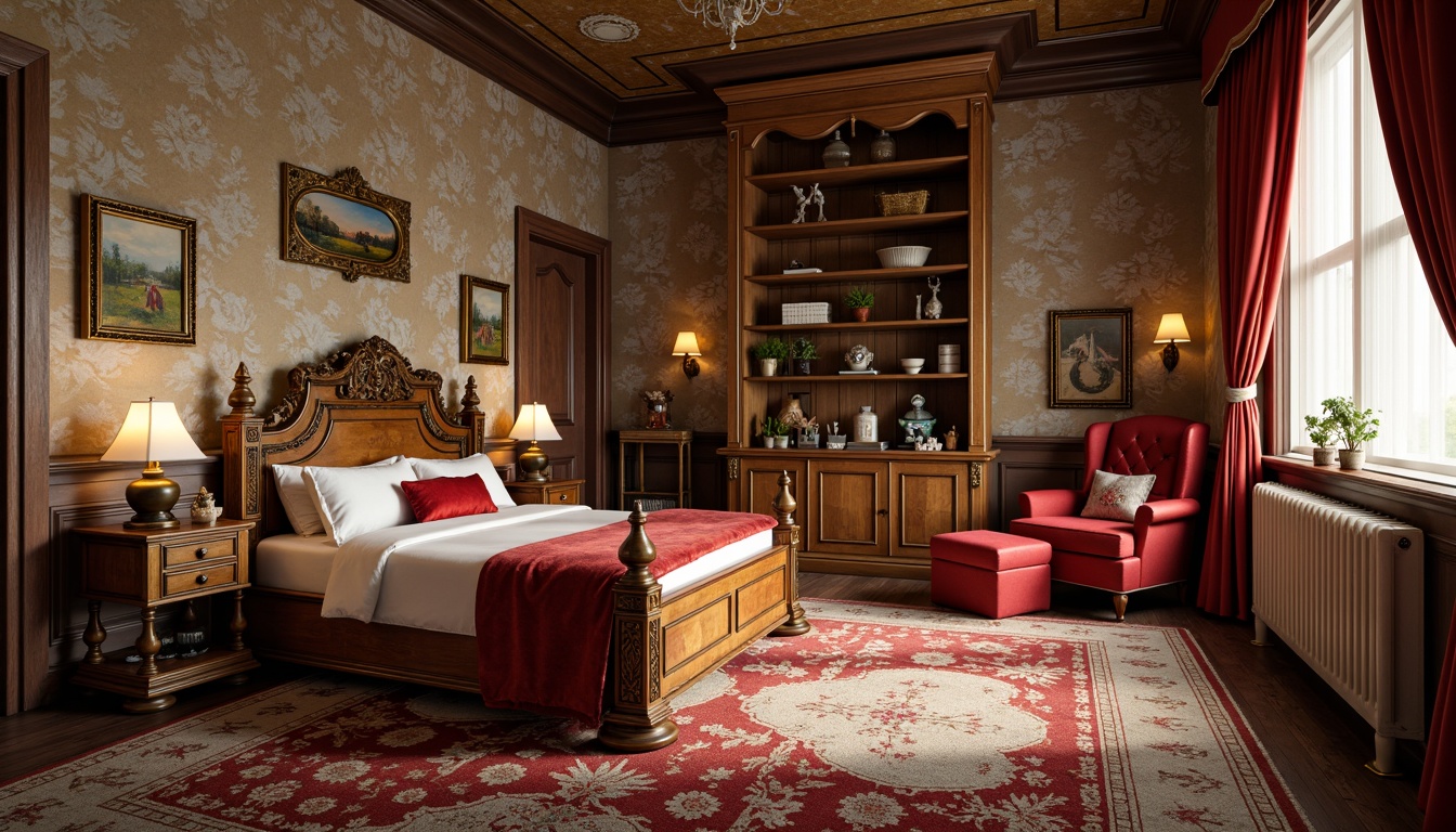 Prompt: Whimsical kids' bedroom, Renaissance-inspired furniture, ornate wooden carvings, rich velvet fabrics, golden accents, elegant curves, luxurious tufted upholstery, vintage toys display, colorful wallpaper, soft warm lighting, shallow depth of field, 1/1 composition, realistic textures, ambient occlusion.