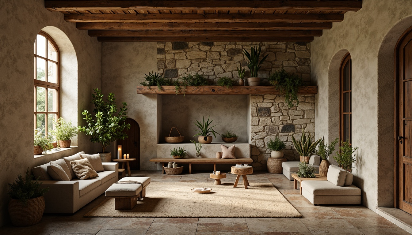 Prompt: Earthy tones, warm beige, weathered wood, rusty metal accents, muted sage green, mossy stone walls, distressed textures, vintage furniture, natural fabrics, woven baskets, candlelight ambiance, soft focus, shallow depth of field, 1/1 composition, realistic materials, ambient occlusion.