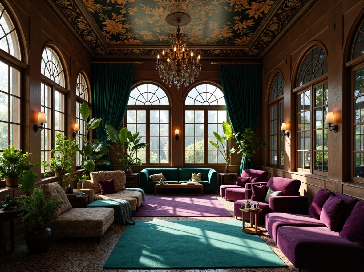 Prompt: Luxurious velvet fabrics, rich jewel tones, emerald green, sapphire blue, amethyst purple, gold accents, ornate metalwork, flowing curvilinear lines, organic botanical motifs, intricate patterns, warm candlelight, soft diffused shadows, intimate cozy atmosphere, plush furnishings, carved wooden paneling, stained glass windows, mosaic tile floors, elegant archways, whimsical sculptures, dramatic ceiling murals, vintage antique pieces, lavish textiles, sophisticated neutral backgrounds.