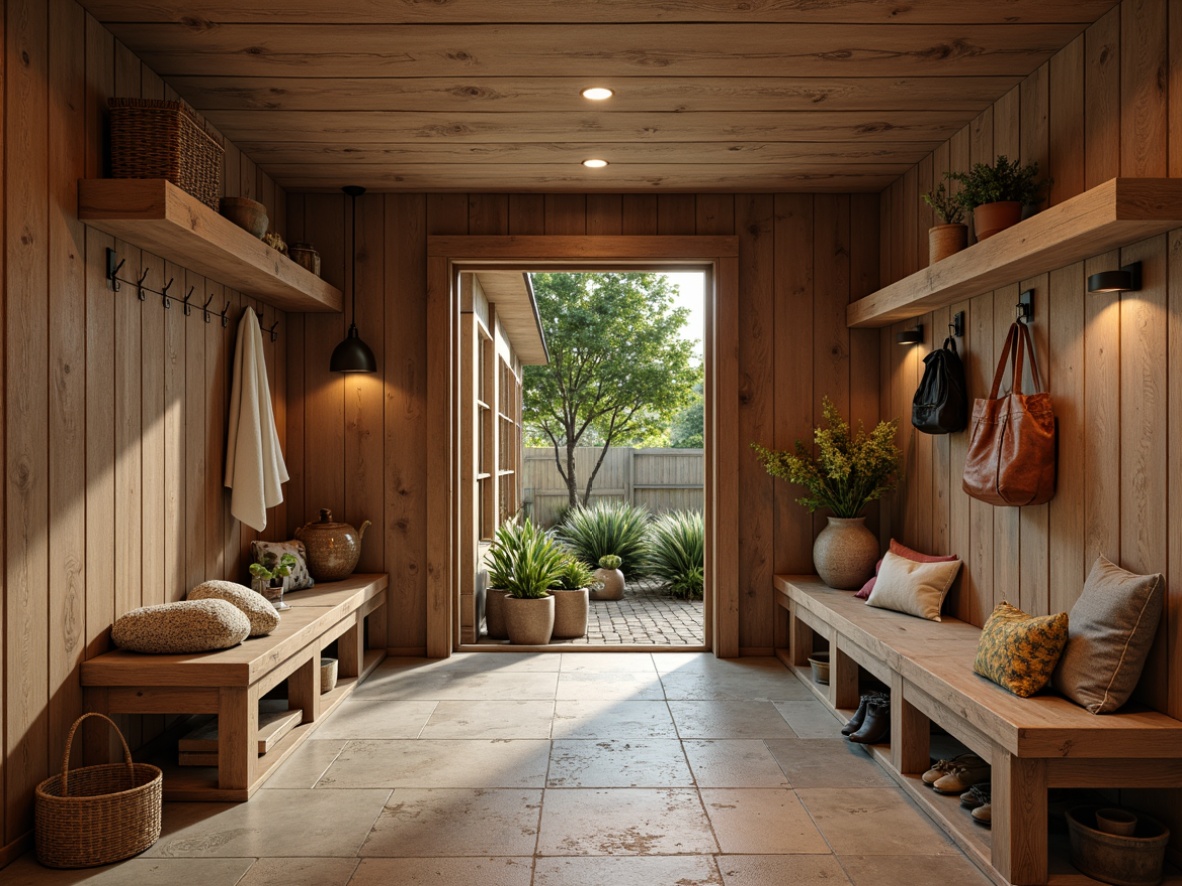 Prompt: Rustic mudroom, natural stone flooring, earthy tones, wooden accents, water-resistant materials, durable surfaces, easy cleaning, slip-resistant textures, warm ambiance, cozy atmosphere, functional design, ample storage, built-in benches, hooks for hanging, outdoor-inspired decor, nature-infused colors, soft warm lighting, shallow depth of field, 3/4 composition, realistic textures, ambient occlusion.