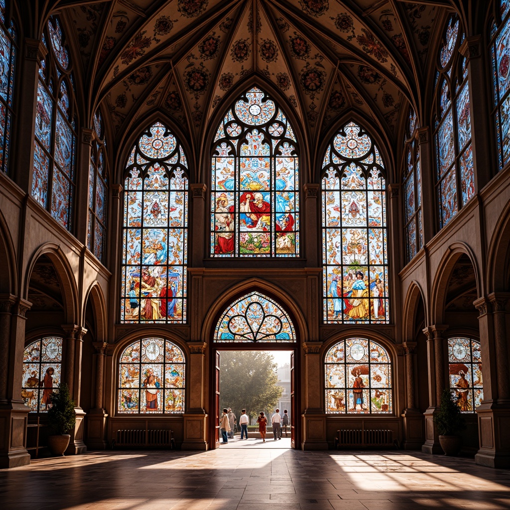 Prompt: Vibrant stained glass windows, intricate mosaic patterns, colorful Gothic arches, ornate facades, grand entrance halls, majestic ceilings, ornamental walls, delicate tracery, sparkling crystals, iridescent colors, kaleidoscope effects, natural light filtering, warm ambient illumination, 1/1 composition, symmetrical framing, realistic reflections, detailed textures, subtle shading.