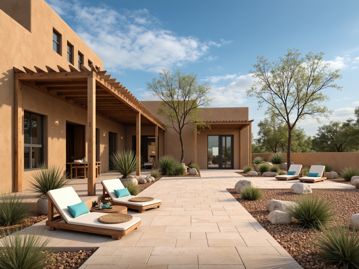 Prompt: Southwestern adobe-style building, earthy tones, stucco exterior, large windows, clerestory windows, skylights, sliding glass doors, open floor plan, minimalist interior design, natural stone flooring, reclaimed wood accents, vibrant turquoise accents, woven textiles, geometric patterns, warm beige walls, high ceilings, rustic wooden beams, desert landscape, cactus plants, hot sunny day, clear blue sky, vast open space, soft warm lighting, shallow depth of field, 3/4 composition, panoramic view, realistic textures, ambient occlusion.