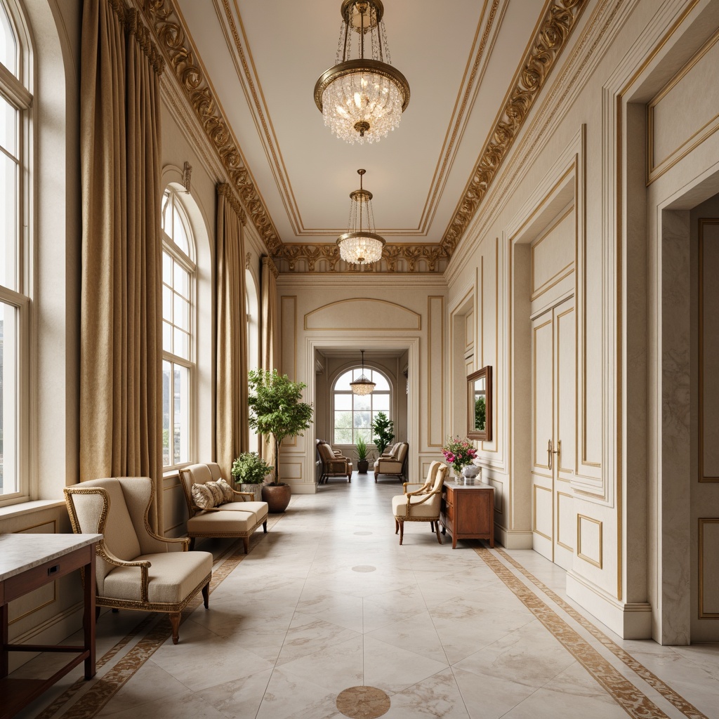 Prompt: Elegant classic interiors, rich wood tones, creamy whites, soft gold accents, subtle beige undertones, ornate moldings, intricate carvings, luxurious fabrics, velvet drapes, marble countertops, crystal chandeliers, warm candlelight, soft focus, shallow depth of field, 2/3 composition, symmetrical balance, realistic textures, ambient occlusion.